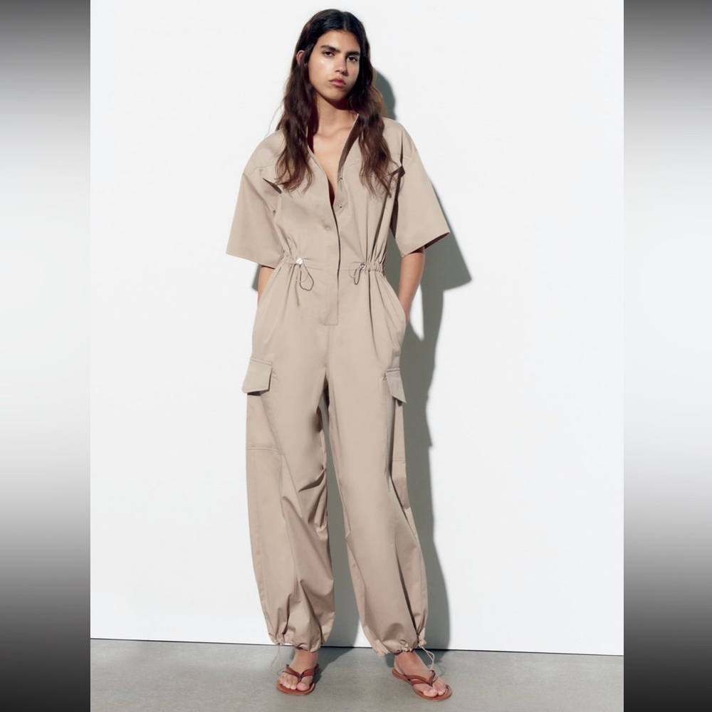 Zara Tan Utility Cargo Jumpsuit